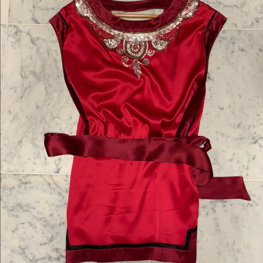 Bebe red silk mini with embellished neckline
